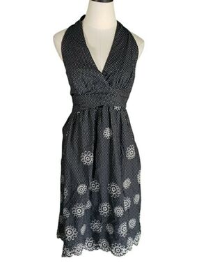Retro Vtg Roulette  Halter Midi Sundress Embroidered Floral Anthro Polkadots 10